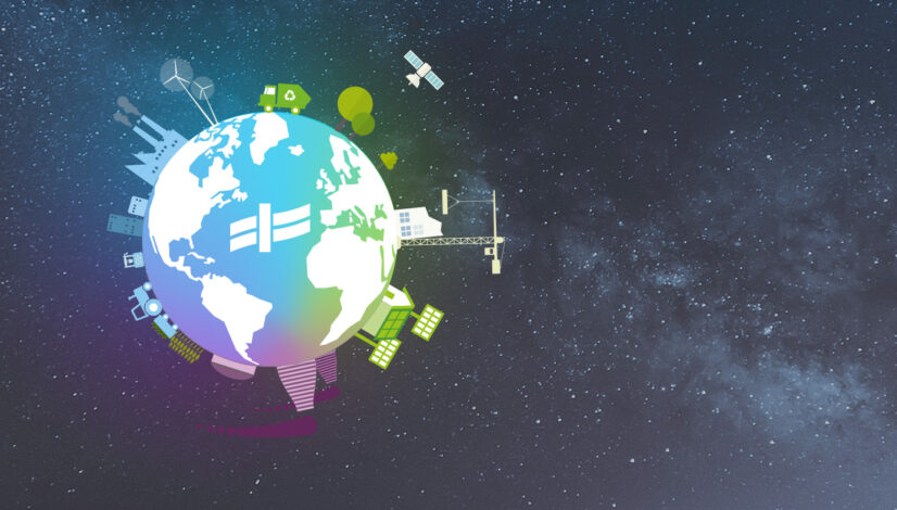 Stilisierte Darstellung der Erde im Weltraum mit der Welle aus dem Logo der Rietzler Gruppe im Zentrum - umgeben ist die Weltkugel von Symbolen für Technologie und Umwelt wie Satelliten, Windrädern, Solarpaneelen, Gebäuden und Bäumen.