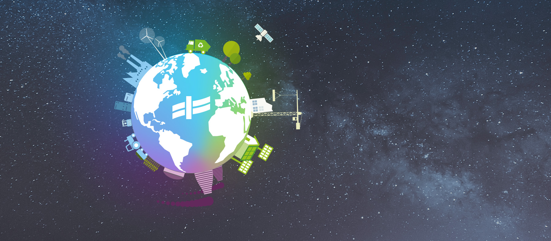 Stilisierte Darstellung der Erde im Weltraum mit der Welle aus dem Logo der Rietzler Gruppe im Zentrum - umgeben ist die Weltkugel von Symbolen für Technologie und Umwelt wie Satelliten, Windrädern, Solarpaneelen, Gebäuden und Bäumen.